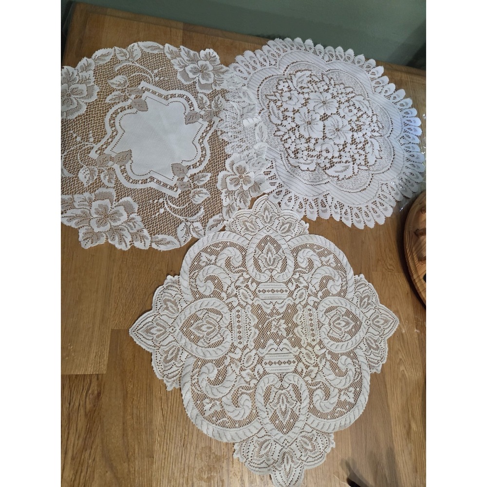 Lot of 3 Vintage Crocheted Doilies White Round Floral and Hearts